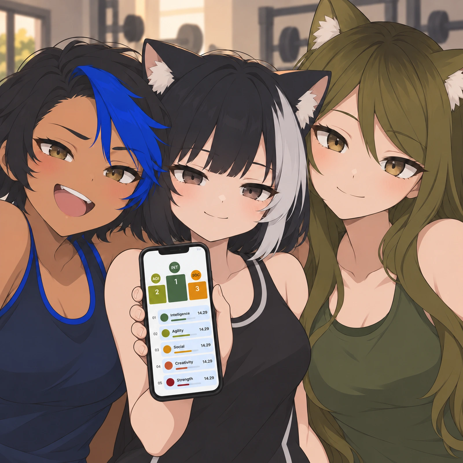 StatTracker promotional artwork: three illustrated characters together, with the center character holding a phone displaying the app.